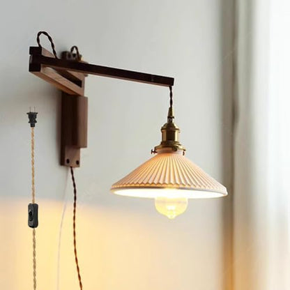 Retro Plug in Wall Sconces Japanese Style Ceramic Folding Lamp Wall Lights Wood Rotating Fixture Brass Base E26 Screw Wall Lighting (Walnut)