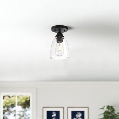 Yosoan Retro Semi Flush Mount Ceiling Light, 1-Light Vintage Industrial Hardwired 5.51'' Oval Cone Glass Shade for Kitchen Bathroom Cafe Corridor Hallway Entryway Passway (Black)