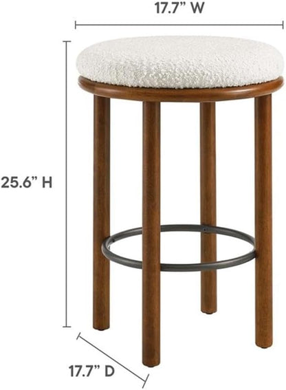 Modway Fable 26 Inch Backless Counter Stools Set of 2 in Walnut Ivory - Kitchen Stools Counter Height - 2Pcs Upholstered Padded Boucle Seat for Kitchen Counter or Island with Wood Legs and Footrest