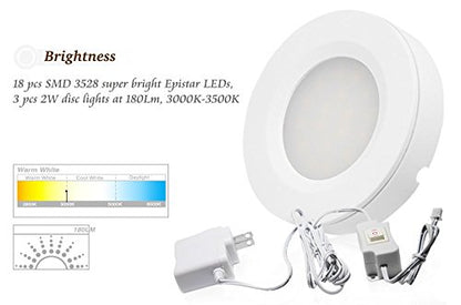 LED Under Cabinet Lighting Kit - 2Watt Warm White LED Puck Lights with UL-Listed Power Adapter for Closet, Kitchen Cabinet, Under Counter Lighting (Surface & Recessed Mount), 3Pcs
