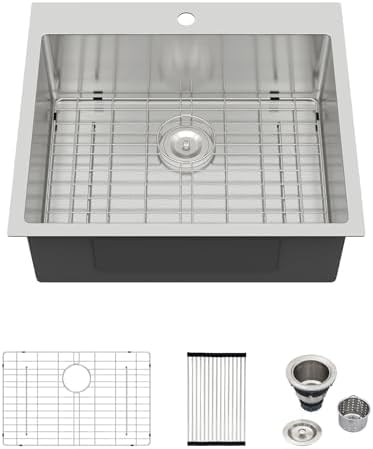 Logmey 25 Inch Drop In Kitchen Sink - 25x22 In Handmade Stainless Steel Kitchen Sinks 16 Gauge Topmount Sink Single Bowl Round Corner Sink Bar Sink Prep 25x22x9 Inches