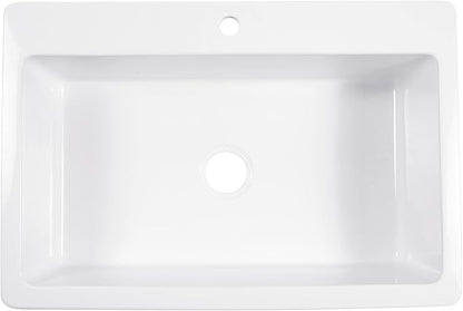 Sinkology Jackson 33 Inch White Fireclay Drop-In Kitchen Sink, Single Bowl, 1 Faucet Hole, Fits 36 Inch Cabinet, Surefire Finish