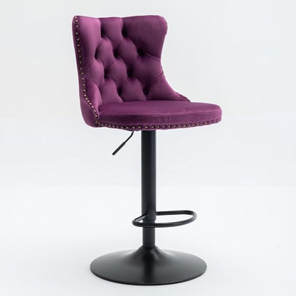 Premium Upholstered Bar Stool with Swivel Seat and Adjustable Height for Kitchen Island, Home Bar, or Dining Counter (Purple + Velvet + Foam-1)
