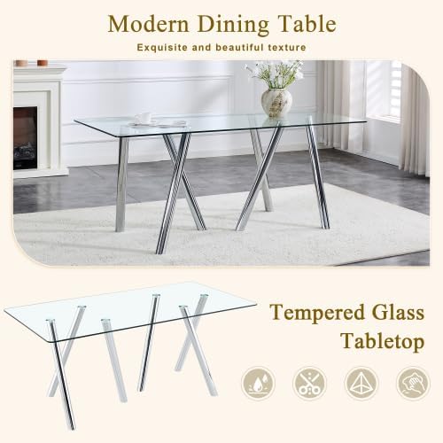 Donext 71" Rectangular Tempered Glass Dining Table, Sturdy Metal Legs,Modern Kitchen Dining Room Table,White