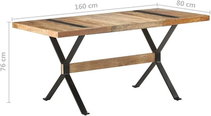 Industrial Narrow Rectangular Dining Table Solid Mango Wood Brown Rough Finish Seats 4 Modern Design Powder Coated Black Legs for Dining Room Kitchen Use