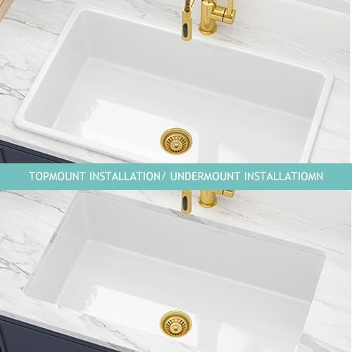 Kichae 32 Inch White Undermount Sink Fireclay 32x19 Inch White Kitchen Sink Dual Drop in & Undermount Kitchen Sinks Single Bowl Deep Porcelain Ceramic Sinks