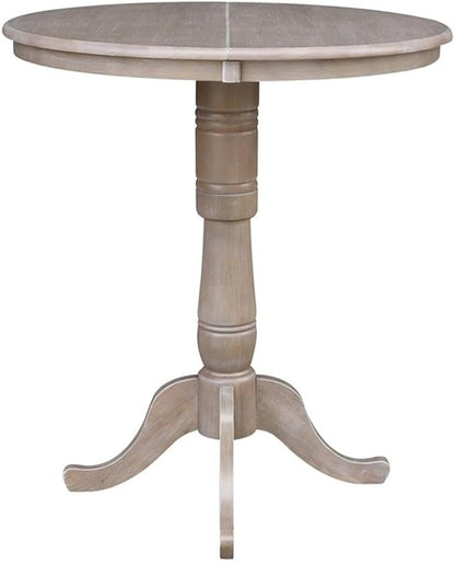 International Concepts 36" Round Top Pedestal Table with 12" Leaf-40.9" H-Dining, Counter, or Bar Height, Washed Gray Taupe