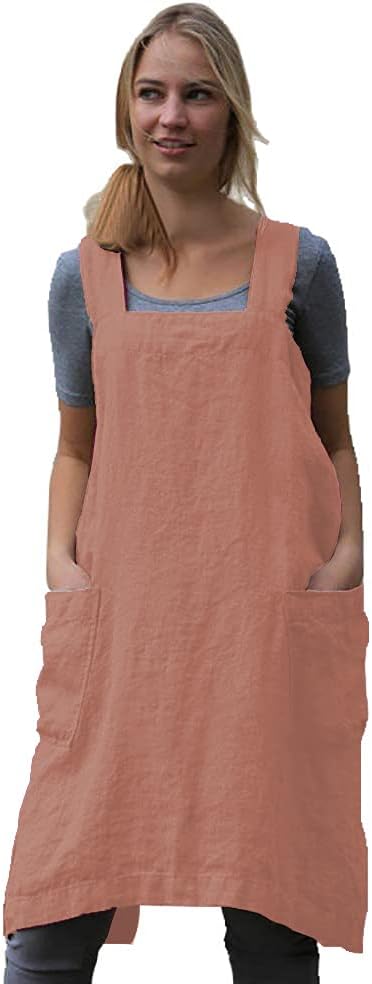 Larmliss Women's Pinafore Square Apron Baking Cooking Gardening Works Cross Back Cotton/Linen Blend Dress with 2 Pockets