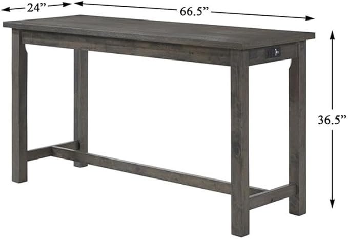 Pemberly Row 4 Piece Wood Counter Height Dining Set, Brownish Gray Finish, Ash Veneer Table with Drawer, USB Ports, Power Outlets, 3 Upholstered Stools, 66.25 in Table for Kitchen or Dining Room
