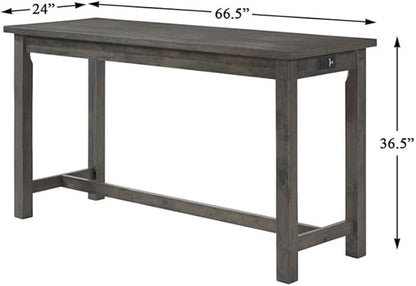 Pemberly Row 4 Piece Wood Counter Height Dining Set, Brownish Gray Finish, Ash Veneer Table with Drawer, USB Ports, Power Outlets, 3 Upholstered Stools, 66.25 in Table for Kitchen or Dining Room