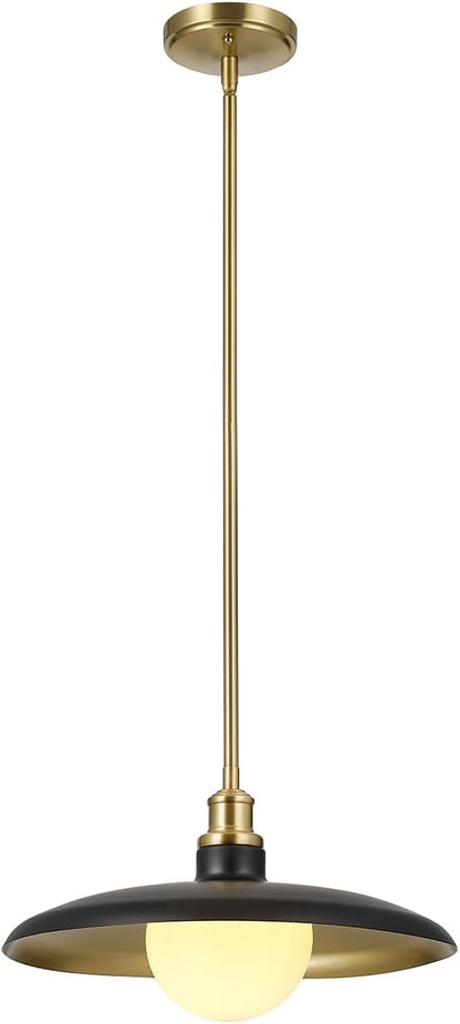 Globe Electric 1-Light Pendant Light, Matte Black Shade with Matte Brass Trims & Interior, Removeable Etched Glass Shade, Soft Industrial Lighting for Dining Room or Living Room
