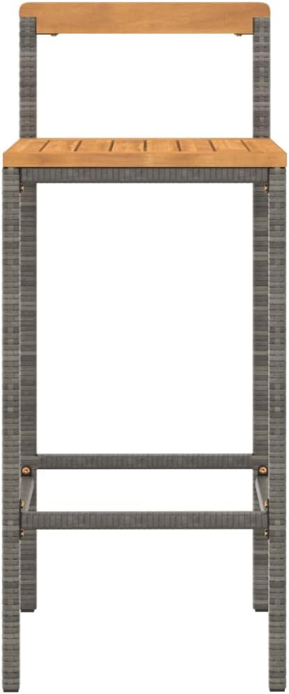 Modern Grey Poly Rattan Bar Stool Set of 2 with Acacia Wood Accents and Footrests for Indoor Outdoor Dining, Durable Steel Frame and Comfortable Seating