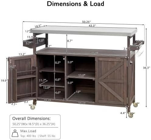 Bellemave Outdoor Kitchen Island with Stainless Steel Top, Rolling Bar Cart & Storage Cabinet, Outdoor Grill Cart with Spice & Towel Rack, Rolling Island Table for Kitchen & BBQ, Dark Brown