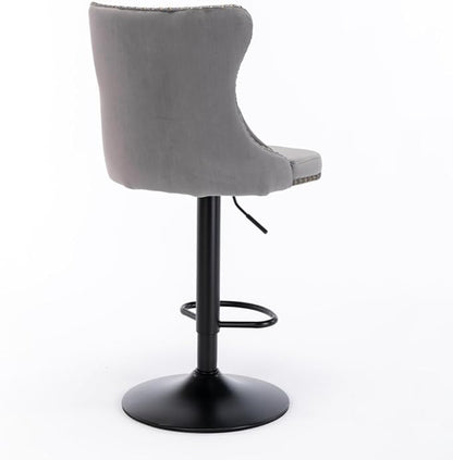 Adjustable Swivel Bar Stool with Tufted Velvet Upholstery, Chrome Base and Back Support for Kitchen Island, Home Bar or Pub (Gray + Velvet + Foam)