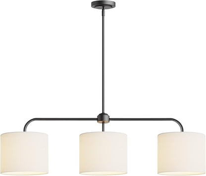 Electro bp;40" W 3-Light White Linen Drum Shade Chandelier with Black Metal Linear Pendant Light Fixture for Kitchen Island,Dining Table,E26,180W;