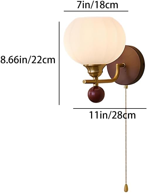 Solid Wood Wall Light Retro Wall Sconce with Pull Chain Switch, Bathroom Vanity Light Fixture, Glass Shade Wall Lamps for Living Roon Halklway Bedroom, E27 Haedwired