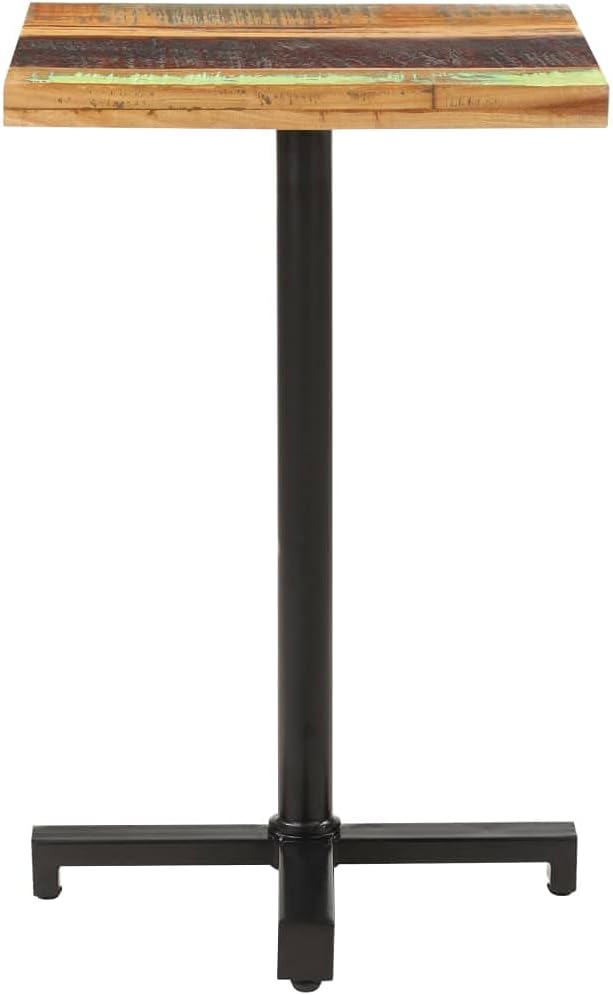Mixed Color Solid Reclaimed Wood Bistro Dining Table, Powder-Coated Iron Base, 19.7in Square, for Kitchen & Dining Room, Bar, Indoor Outdoor Dinner Use