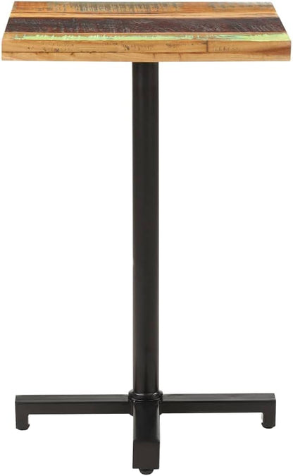 Mixed Color Solid Reclaimed Wood Bistro Dining Table, Powder-Coated Iron Base, 19.7in Square, for Kitchen & Dining Room, Bar, Indoor Outdoor Dinner Use