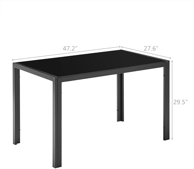 FCH Black Glass Table with Tempered Glass Top, Rectangular Dining Table Set for 4, Place Saving for Apartments & Small Places, for Home & Kitchen & Dining Room, 47", Black