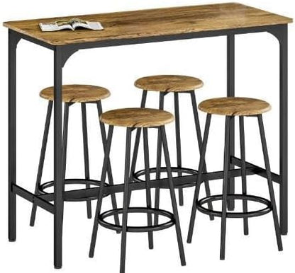 5-Piece Counter Height Bar Table and Chairs Set – Industrial Rustic Brown Wood & Black Metal Frame Dining Furniture for 4 – Space-Saving Kitchen Island with Stools