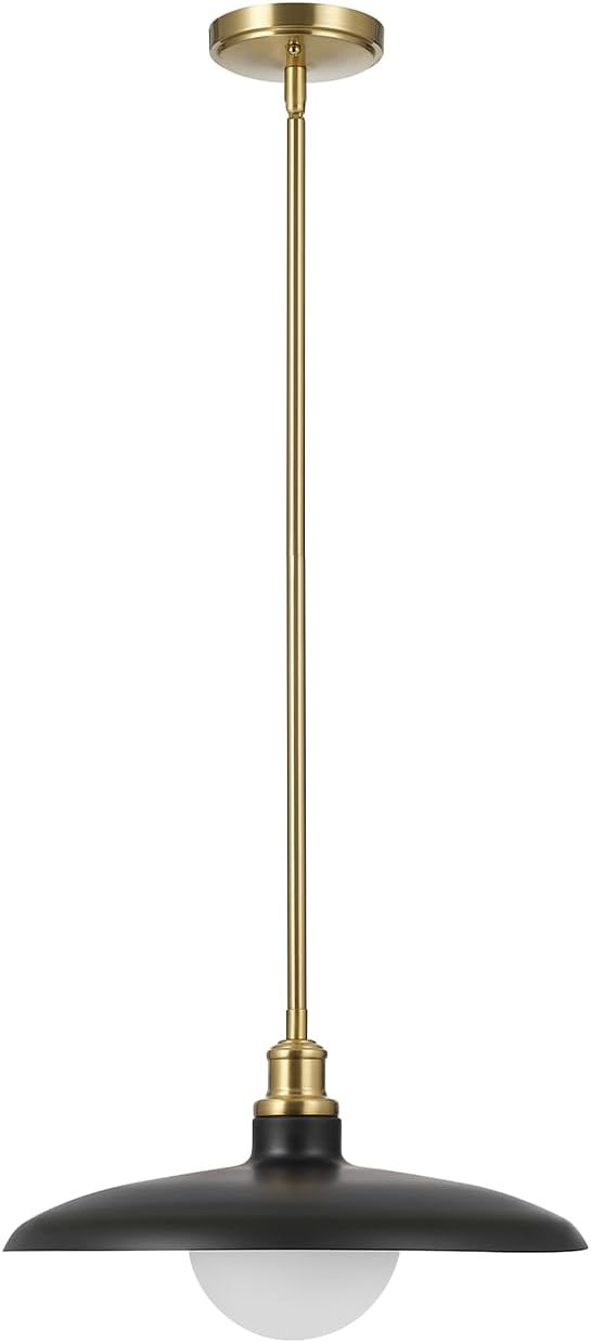 Globe Electric 1-Light Pendant Light, Matte Black Shade with Matte Brass Trims & Interior, Removeable Etched Glass Shade, Soft Industrial Lighting for Dining Room or Living Room
