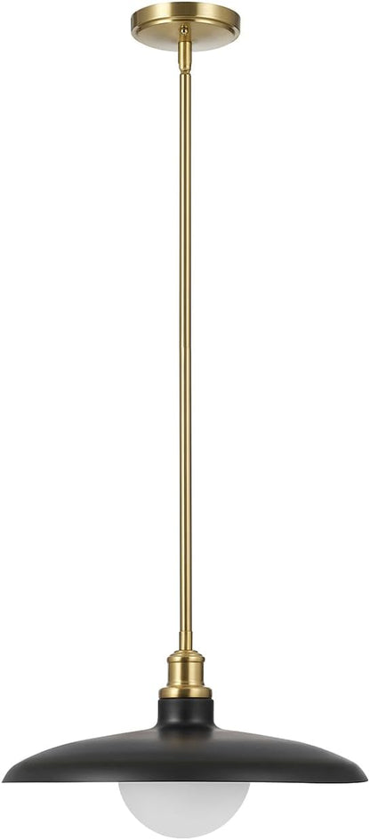 Globe Electric 1-Light Pendant Light, Matte Black Shade with Matte Brass Trims & Interior, Removeable Etched Glass Shade, Soft Industrial Lighting for Dining Room or Living Room