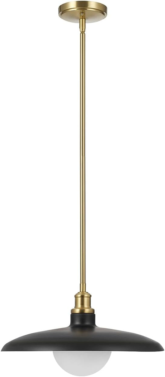 Globe Electric 1-Light Pendant Light, Matte Black Shade with Matte Brass Trims & Interior, Removeable Etched Glass Shade, Soft Industrial Lighting for Dining Room or Living Room