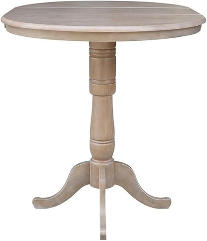 International Concepts 36" Round Top Pedestal Table with 12" Leaf-40.9" H-Dining, Counter, or Bar Height, Washed Gray Taupe