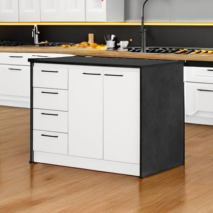 South Shore Myro Kitchen Island Faux Black Stone and White, Contemporary