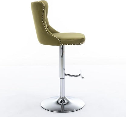 Premium Upholstered Bar Stool with Swivel Seat and Adjustable Height for Kitchen Island, Home Bar, or Dining Counter (Foam + Olive Green + Velvet)