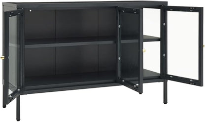 Anthracite Sideboard, Powder-Coated Steel, Tempered Glass Doors, 13.8x41.3x27.6 in. Modern Storage Cabinet for Living Room, Dining Room, Home Office Kitchen Furnitur