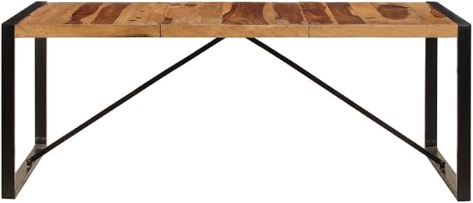 Natural Acacia Wood Dining Table, 78.7-inch Rectangular Kitchen Dinner Table, Polished Finish, Industrial Black Metal Frame for 8 People, Indoor Dining Room Furniture