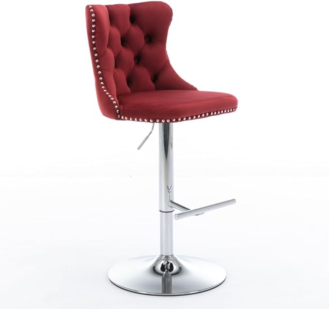 Adjustable Swivel Bar Stool with Tufted Velvet Upholstery, Chrome Base and Back Support for Kitchen Island, Home Bar or Pub (Foam + Burgundy + Velvet)