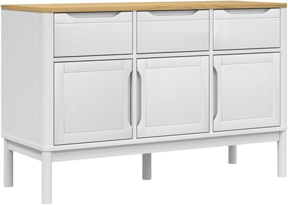 White Solid Pine Sideboard Buffet Cabinet 44.9 x 29.1 in, Modern Matte Console Credenza with 2 Drawers & 3 Doors, Versatile Bar Storage Furniture for Living Room Dining Kitchen