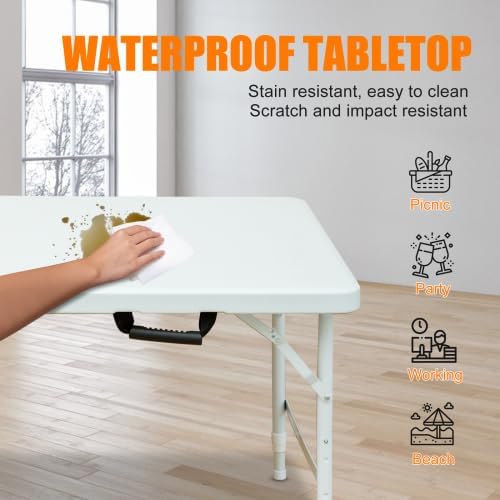 GlowSol Folding Table 4FT, Heavy Duty Portable Plastic Folding Table with Handle, Anti-Slip Feet, Waterproof, Easy to Clean, 300LBS Capacity, Foldable for Indoor Outdoor Use, White