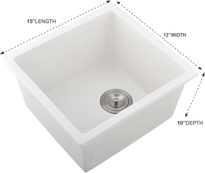 12 Inch Bar Sink Undermount White-iAnomla 12x15 Undermount Bar Sink White Quartz Composite Bar Prep Sink Small Single Bowl Mini Wet Bar Rv Kitchen Sinks with Bottom Grid
