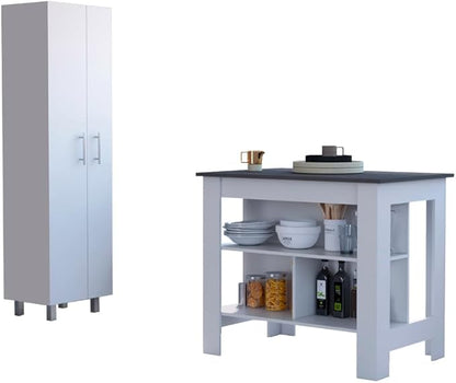 GOWE White and Onyx 2-Piece Kitchen Set, Kitchen Island and Pantry Cabinet