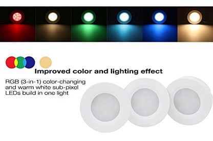 TORCHSTAR Set of 3 Multicolor LED Under Cabinet Lighting Kit, UL-Listed Power Adapter, Surface and Recessed Mount LED Puck Lights, IR Remote Control, Warm White