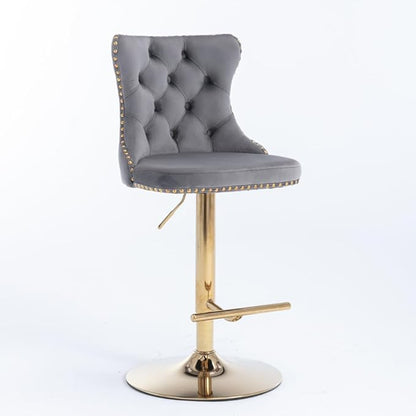 Premium Upholstered Bar Stool with Swivel Seat and Adjustable Height for Kitchen Island, Home Bar, or Dining Counter (Gray + Velvet + Foam-1)