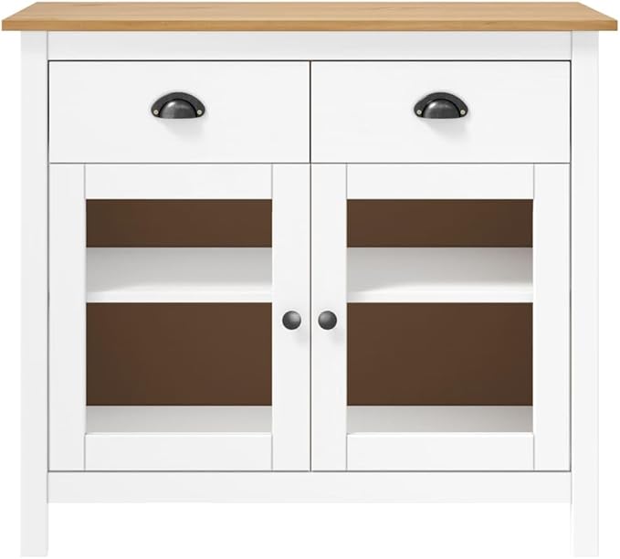Modern Pine Wood Sideboard White & Honey Brown Buffet Cabinet 35.4 x 15.7 x 31.5 in with Glass Shelves & Drawers for Dining Room Living Room Kitchen Apartment