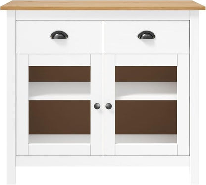 Modern Pine Wood Sideboard White & Honey Brown Buffet Cabinet 35.4 x 15.7 x 31.5 in with Glass Shelves & Drawers for Dining Room Living Room Kitchen Apartment