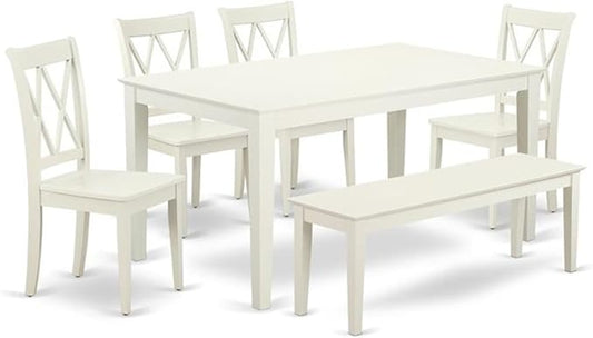 East West Furniture CACL6-LWH-W 6 Piece Kitchen Table Set Contains a Rectangle Dining Table and 4 Dining Chairs with a Bench, 36x60 Inch, Linen White