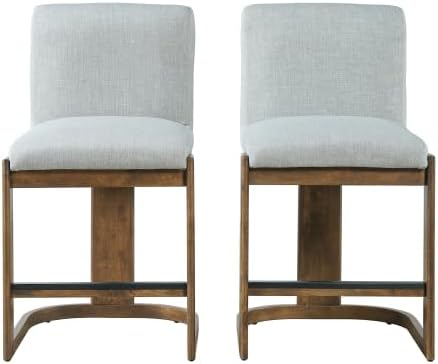 STAPERFO Bar Stools Set of 2, 24 Inch Linen Upholstered Counter Height Stools with Walnut Tone Solid Rubberwood Legs, Comfortable Seating for Kitchen Island Home Bar Coffee Shop, Light Grey