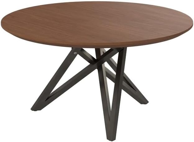 HomeStock Island Interiors 47 Inch Round Dining Table with Walnut Brown Wood Top and Angled Steel Legs in Black 47.3 x 47.3 x 29.5 Inch