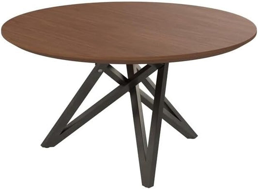 HomeStock Island Interiors 47 Inch Round Dining Table with Walnut Brown Wood Top and Angled Steel Legs in Black 47.3 x 47.3 x 29.5 Inch
