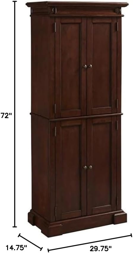 Bowery Hill Traditional Wood Kitchen Pantry, 72"H x 29.75"W x 16"D, Brown Cherry Finish, 4 Shelves, Distressed Oak Veneer, Carved Door Panels, Antique Nickel Hardware, Versatile Storage Cabinet for