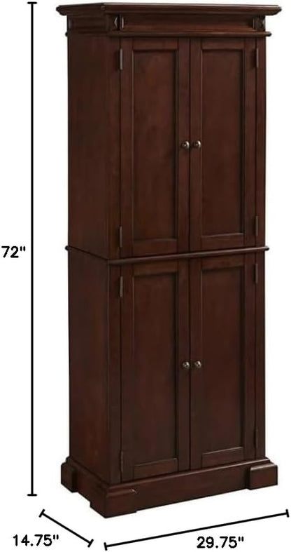 Bowery Hill Traditional Wood Kitchen Pantry, 72"H x 29.75"W x 16"D, Brown Cherry Finish, 4 Shelves, Distressed Oak Veneer, Carved Door Panels, Antique Nickel Hardware, Versatile Storage Cabinet for