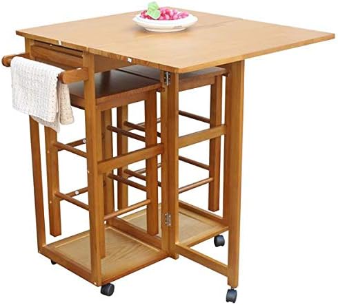 HopeHope Brown Rustic Pine Wood Folding Dining Cart with 2 Stools, Kitchen Island Cart, 2 Drawers, Perfect for Small Spaces