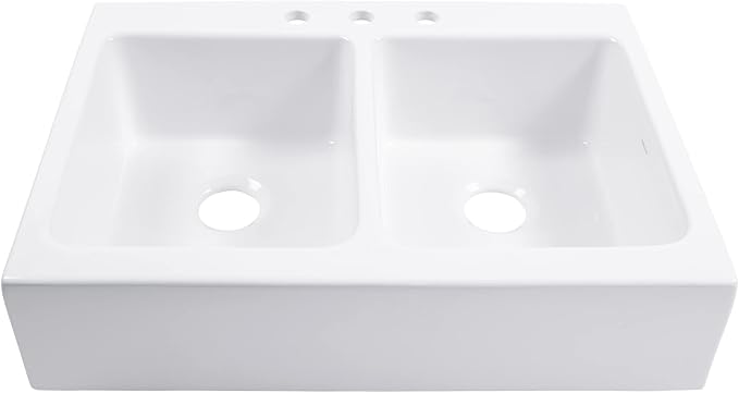 Sinkology Parker 34 Inch White Fireclay Quick-Fit Drop-In Kitchen Sink, Double Bowl, Apron Front, Undermount Installation, Fits 36 Inch Cabinet, Surefire Finish
