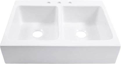 Sinkology Parker 34 Inch White Fireclay Quick-Fit Drop-In Kitchen Sink, Double Bowl, Apron Front, Undermount Installation, Fits 36 Inch Cabinet, Surefire Finish